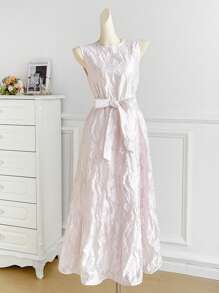 Modelyn Damska letnia elegancka sukienka z okrągłym dekoltem i paskiem, w jednolitym kolorze