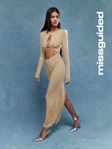 MISSGUIDED 镂空后背开衩长袖超长连衣裙 - 卡其色 - 查看 4