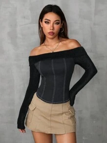 Áo dệt kim denim lệch vai - Màu xám đen - Xem 3