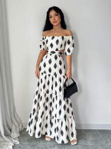 SHEIN Clasi 印花露肩蝴蝶结腰带A字长裙女装 - 白色 - 查看 7