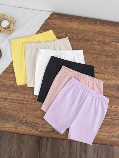 SHEIN LMoss Kids 6pcs Baby Girl Snug Fit Knit Elastic Waist Solid Color Shorts Set, Perfect For Summer