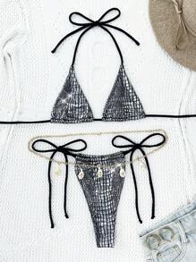 SHEIN Swim Women's Summer Beach Metal Texture Halter Neck Tie Sexy Bikini Set (Micro Triangle)