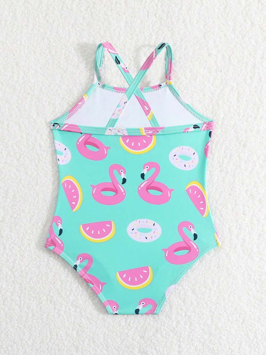 Newborn Baby Girl Cartoon Flamingo Printed Casual Tankini Swimsuit - Multicolor - View 1