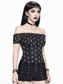 ROMWE Goth 網眼骷髏印花露肩蕾絲修邊短款女T恤，腰部收緊設計 - 黑色 - 查看 4