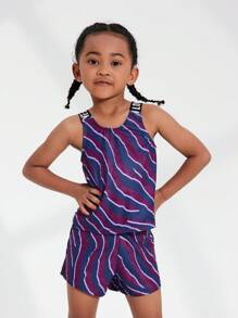 SHEIN 2pcs Young Girl Colorful Print Yoga Fitness Running Cycling Breathable Elastic Comfortable Skin-Friendly Fitted Sleeveless Top And Shorts Set