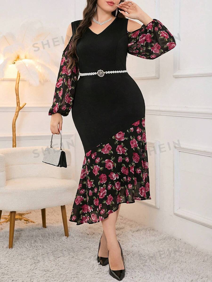 Modelyn Vestido largo de noche para mujer de talla grande con estampado floral, hombros descubiertos y mangas de farol