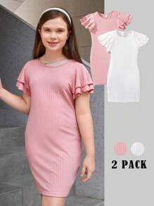 SHEIN Tween Girls Extended Size Double-Layered Ruffle Sleeve Round Neck Dress, Multiple Pieces Set