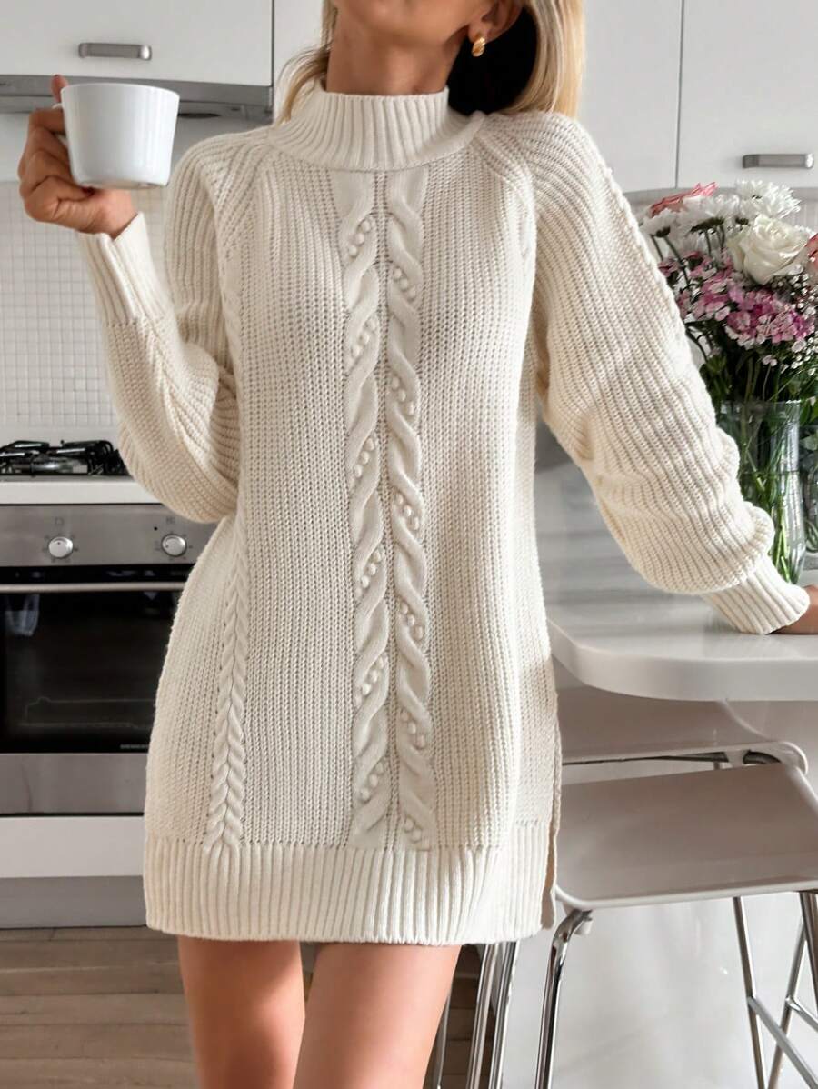 EURMUSE Cable Pattern Mini Sweater Dress - Beige - View 1