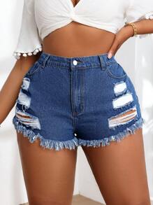 SHEIN SXY Quần Short Denim Plus Size Không Co Giãn, Thiết Kế Khoét Lỗ Và Viền Sờn, Gợi Cảm - Màu xanh lam - Xem 3
