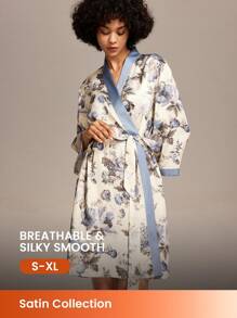 LUVLETTE Bata de baño de satén con estampado floral y de flores para mujer con corbata, pijama de dama de honor, bata de baño, camisón, lencería y pijama para mujer - Azul y blanco - Ver 1