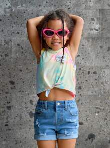 Girls' Tie-Dye Vest And Blue Denim Shorts Set, 2pcs