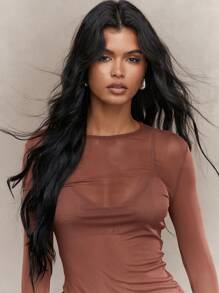 MISSGUIDED Street Sheer Mesh Thumb Hole Long Sleeve Top - Brown - View 3