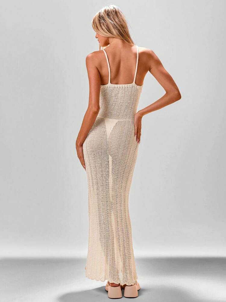 Ladies' Knitted Hollow Out Beach Dress In Apricot Color, Deep V Neckline & Gathered Waistband For Resort Vacation