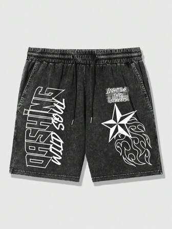 Street Life Herren Vintage gewaschene Acid-Washed Shorts mit Kordelzug in der Taille und Buchstaben- und Sternenmuster