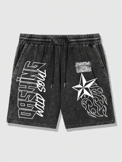 Street Life Pantalones cortos con cordón en la cintura, lavado ácido y estampado de letras y estrellas, estilo vintage para hombres
