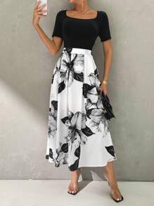 SHEIN Privé 女士夏季 A 字形花卉印花中长连衣裙，方形领口，适合日常穿着，优雅浪漫度假，海滩派对，音乐节，婚礼 夏威夷连衣裙 教师连衣裙 早午餐装 休闲女装 教师连衣裙 90 年代时尚 返校服装 巡航女装 女士复古服装 - 黑與白 - 查看 3