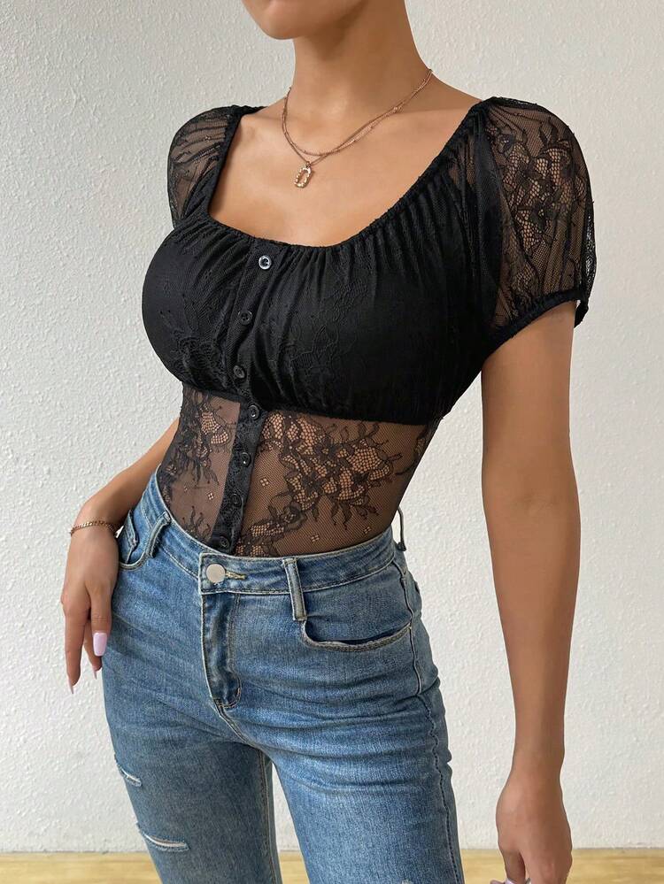 Women's Summer Solid Color Lace Splicing Square Neckline Raglan Sleeve Sleeve T-Shirt