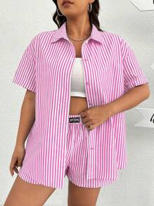 SHEIN EZwear Bộ áo sơ mi và quần short họa tiết sọc hồng trắng ngày lễ tình nhân cỡ lớn cho nữ, mặc vào mùa hè - Màu Hồng baby - Xem 6