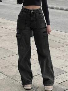 Women's American Casual Versatile Basic Mid-Rise Straight Work Jeans - Black - View 6