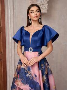 Vestido maxi de dama de honor con estampado floral, escote de corazón y mangas cortas con volantes, vestido elegante - Multicolor - Ver 8