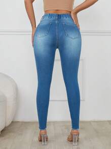 RueChic ELASTIC BELT DETAIL  DOUBLE BUTTON  SKINNY - Medium Wash - View 4