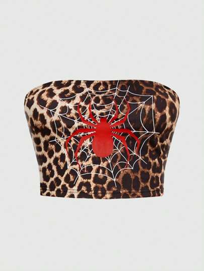 Grunge Punk Punk-Leopard-Muster unten, Slim Fit Frauen-Top mit Spinnen-Muster, Farbblock