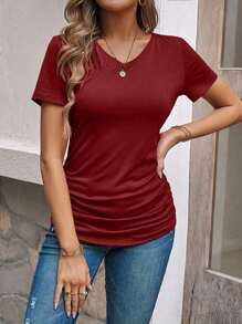 EMERY ROSE Áo thun nữ ngắn tay cổ chữ V màu trơn mùa hè - Màu Đỏ Sâu - Xem 5