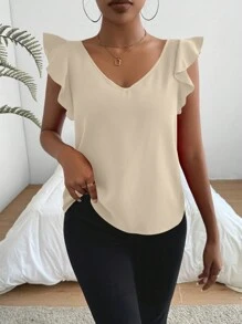 SHEIN Privé 女士V領蕾絲鑲邊蓋肩短袖上衣 - 杏色 - 查看 3