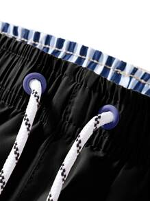 Zalmeno Men Drawstring Waist Windbreaker Swim Trunks, Hawaiian - Black - View 4