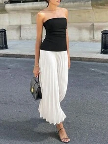 Color Block Pleated Strapless Dress