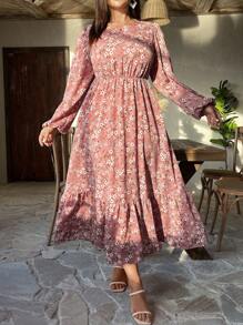 DreamSkyne Plus Size Holiday Casual Ditsy Floral Lantern Sleeve Dress Maxi Women Outfit - Pink - View 5