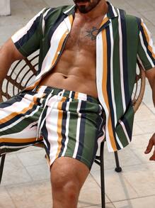 Manfinity RSRT Men's Casual Color Block Striped Short Sleeve Shirt And Shorts Set, Going Out - Multicolor - View 1