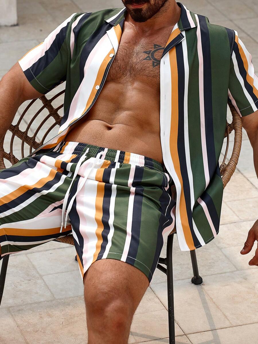 Manfinity RSRT Men's Casual Color Block Striped Short Sleeve Shirt And Shorts Set, Going Out - Multicolor - View 1