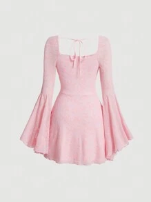 SHEIN MOD 女士纯色心形领口褶皱长袖连衣裙，夏季粉色连衣裙