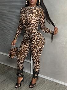 Slaydiva Sexy Leopard Print Stand Collar Long Sleeve Mesh Unitard Jumpsuit - Multicolor - View 4