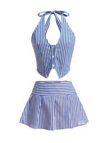 SHEIN SXY Navy Blue Striped Low Waist Pleated Mini Skirt Holiday Sexy Summer Beach Vacation Boho Women Outfit Pride Clothes Western Wear Birthday Outfit Bachelorette Party Concert Club Graduation Party