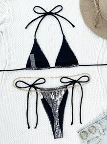 SHEIN Swim Women's Summer Beach Metal Texture Halter Neck Tie Sexy Bikini Set (Micro Triangle)