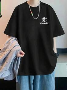 男士夏季休闲口号和卡通印花圆领短袖 T 恤 - 黑色 - 查看 7