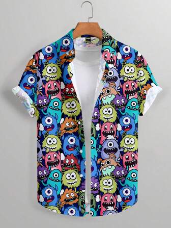 Manfinity Chillmode Plus Size Men's Funny Cartoon Print Short Sleeve Single-Breasted Casual Button Up Shirt Men Cartoon Button Up Shirt