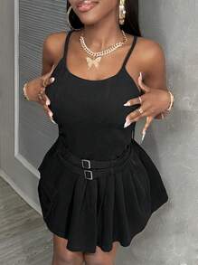 SHEIN Slayr Summer Casual Solid Color Denim Cami Dress With Cinched Waist - Black - View 3