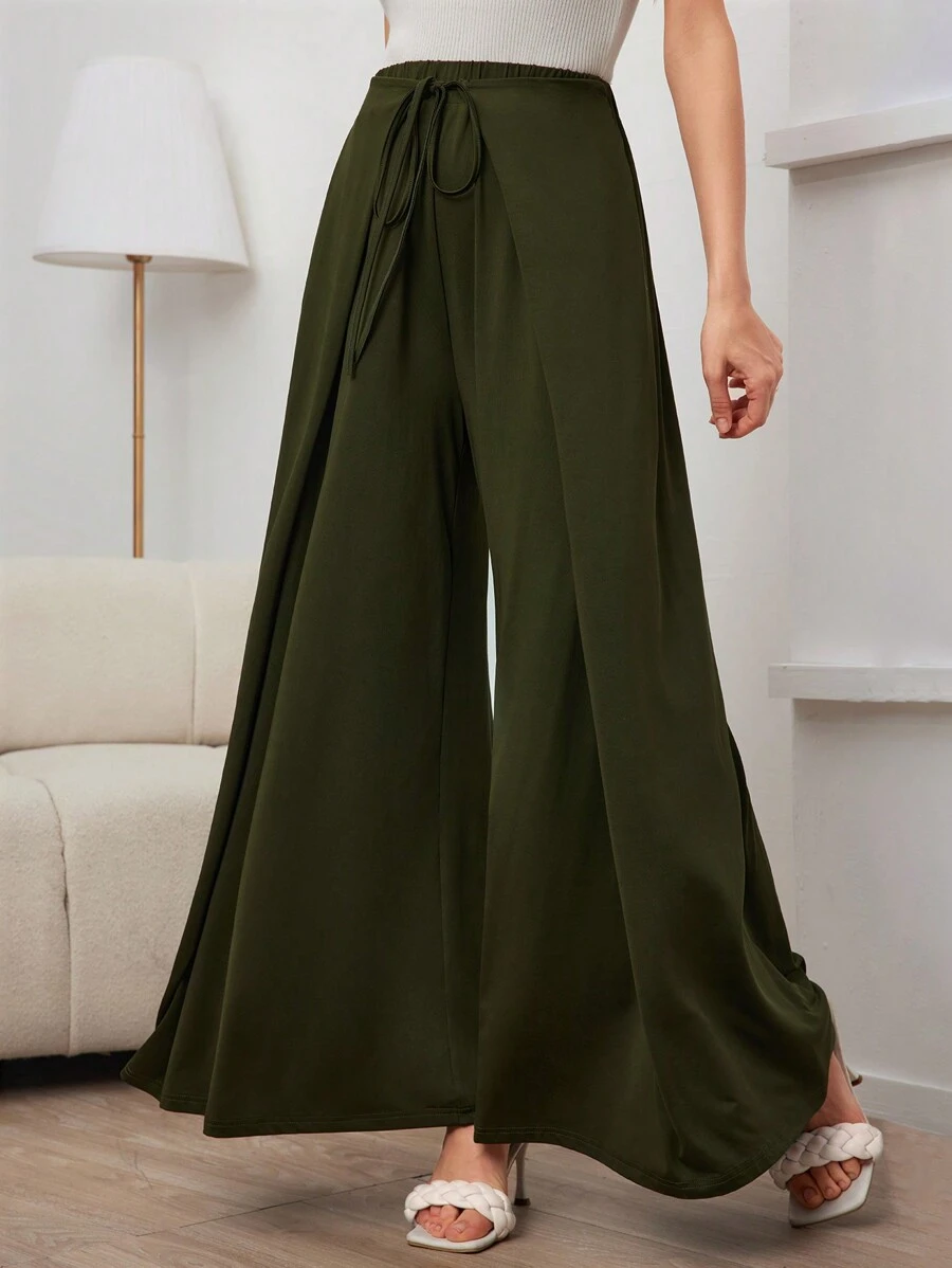 Mulvari 女士休閒色純色腰帶束腰寬腿褲 - 橄欖綠 - 查看 1