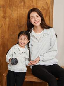 Women's Light Grey Loose Fit Turn-Down Collar Long Sleeve Sweatshirt, Family Matching Outfits (2 Pieces Are Sold Separately) Pullover Fall Outfit - Light Grey - View 1