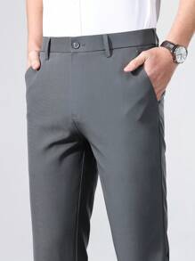 男士纯色口袋直筒休闲/办公长裤，秋季 - 灰色 - 查看 3