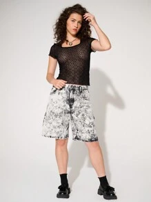 Tricou din dantelă elastică transparentă de culoare uni pentru femei de vară - Negru - Vizualizare 3