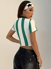 SHEIN Unity 女士夏季休閒運動條紋數字標誌印花短款T恤 - 白色 - 查看 2