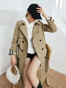雙排釦腰帶風衣外套 - 卡其色 - 查看 3