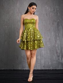 Mgiacy Strapless Shiny Double Layer Cake Dress For Parties - Green - View 5