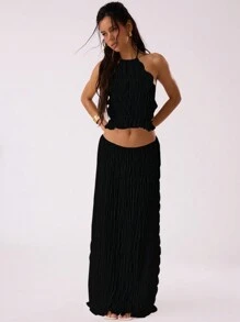 MUSERA Top halter estilo bohemio para salir, top corto con cuello alto fruncido, verano vacacional Ibiza