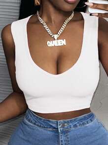 Slaydiva All-Match Versatile Sexy Low-Cut V-Neck White Ribbed Tank Top For Women, Great For Music Festivals/Rave Outfits - White - View 7