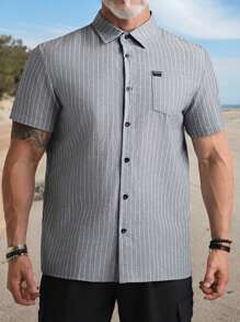 Manfinity Homme Áo sơ mi nam ngắn tay sọc & in họa tiết mùa hè - Xám - Xem 1